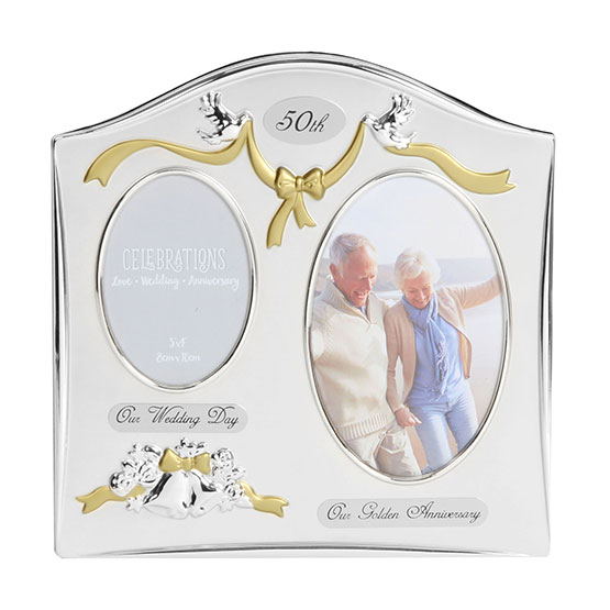 2 Tone Silver Plated Double Photo Frame - 50th Anniversary