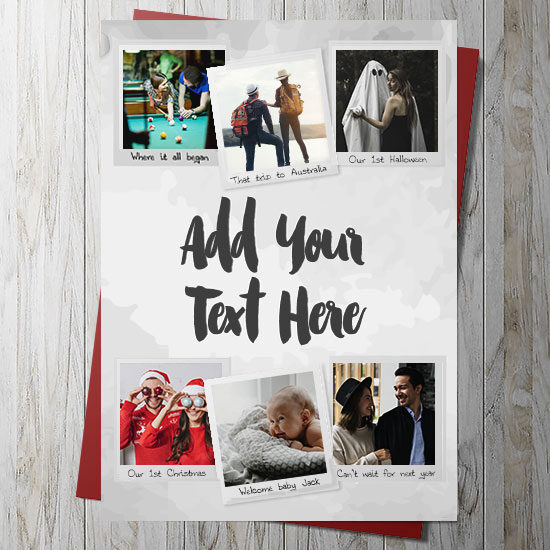 6 Photo Upload Card With Your Own Message & Captions (GREY)