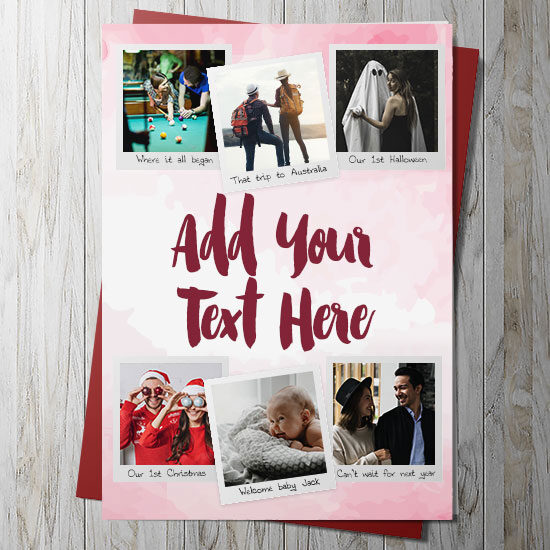 6 Photo Upload Card With Your Own Message & Captions (RED)