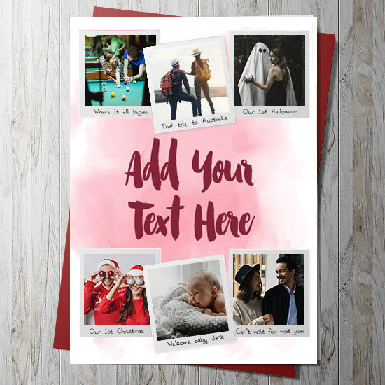 6 Photo Upload Card With Your Own Message & Captions (RED)