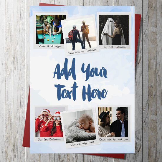 6 Photo Upload Card With Your Own Message & Captions (BLUE)