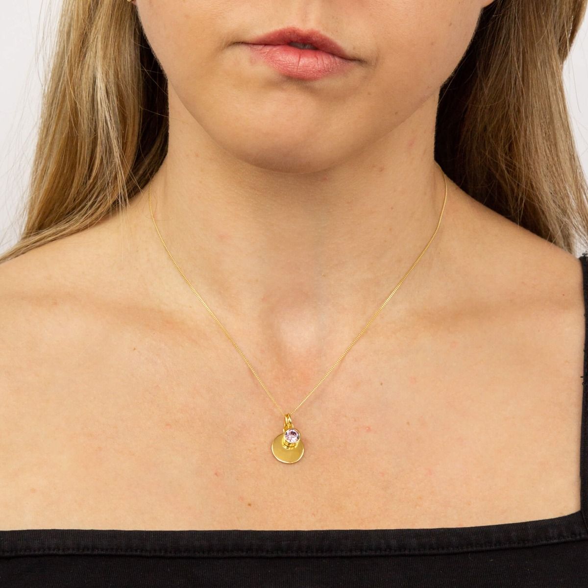 June Gold Plated Birthstone and Engravable Disc Necklace - Image 2